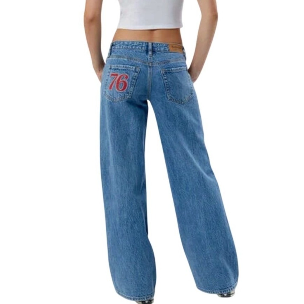 PacSun Blue Wide Leg Jeans with Red '76' Patch